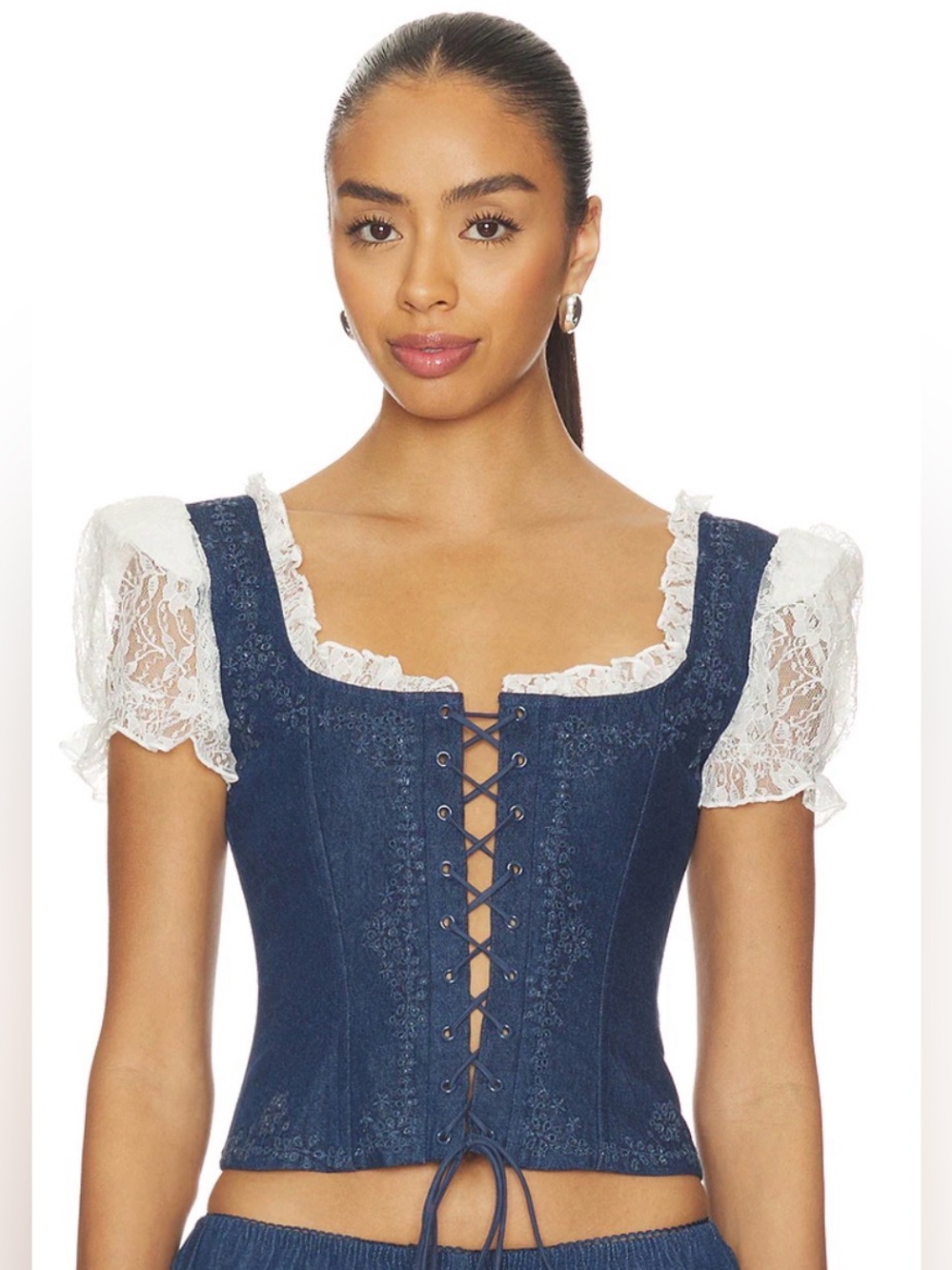 For Love And Lemons Yasmin Lace Up Top in Blue